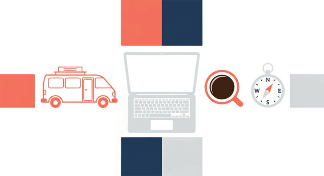 A flat lay composition of a van icon, a laptop, a coffee mug, and a compass arranged symmetrically. Solid white, coral, navy, and light grey colors. minimalist flat vector artwork, clipart