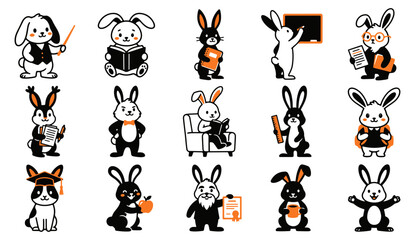 Obraz premium Cute Rabbit Teacher and Student Vector Illustration Set