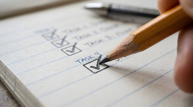 Closeup of a hand using a pencil to check off a task in a notebook