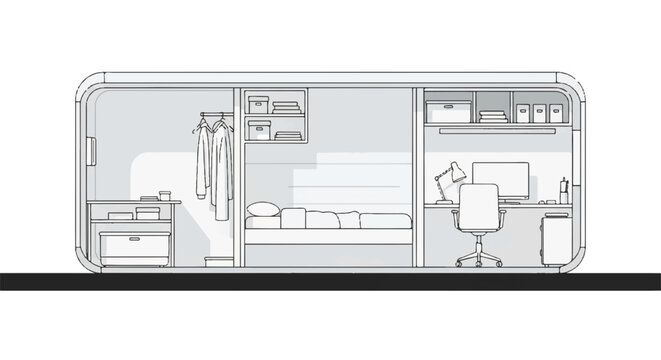 A technical cross-section of a smart remote work pod showing a compact bed, a desk area, and storage units, organized layout, white and light grey, minimalist flat vector artwork, clipart style,
