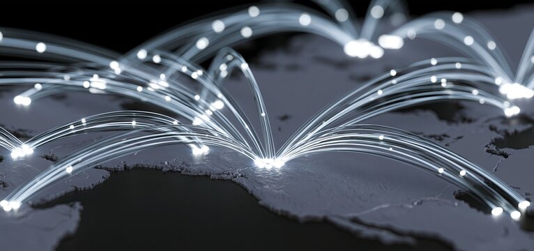 A dark global map illuminated with connected network cables representing worldwide digital communication and tech infrastructure.
