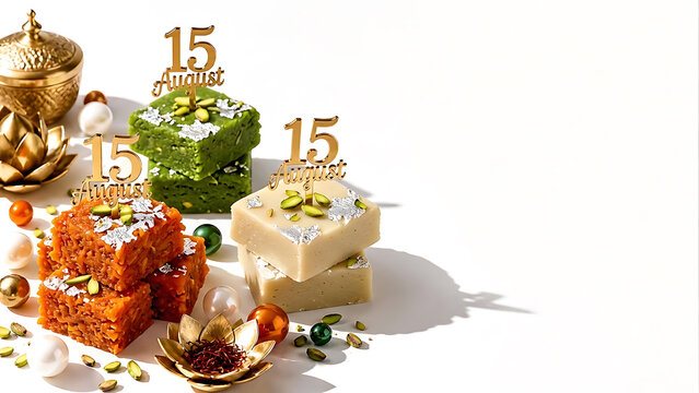 Tricolor Indian barfi sweets decorated with gold 15 August toppers, silver leaf, and pistachios on a white background. Festive celebration composition for 15th  August with traditional mithai.