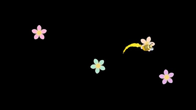 Cartoon bee flying between colorful flowers collecting pollen in looping animation