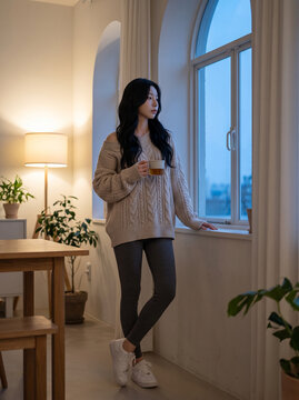 저녁 창가의 포근한 홈웨어 여성 / Cozy Homewear Woman by an Evening Window