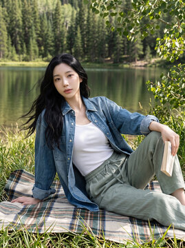호숫가에 앉은 데님 재킷 여성 / Woman in Denim Jacket by the Lake
