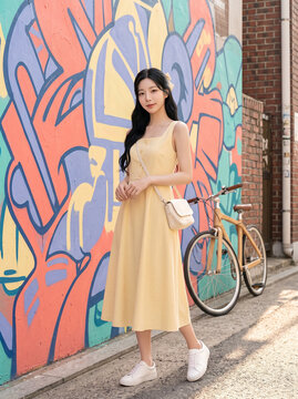 컬러 벽화 앞 옐로 원피스 여성 / Woman in Yellow Dress by a Colorful Mural