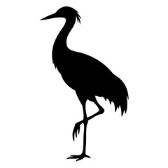 Fototapeta premium Icono con dibujo sencillo de la silueta de una grulla de pie sobre una pata, vista de perfil