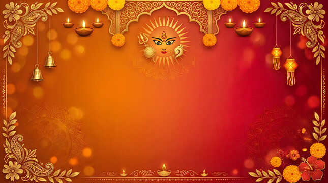 Beautiful hindu festival background featuring radiant sun deity symbol golden bells and traditional marigold flowers on vibrant orange and red gradient canvas texture.