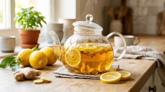 Fresh lemon and ginger tea steeping in a clear glass teapot on a sunny wooden kitchen counter, surrounded by whole lemons and ginger root, styled as a natural immune boosting drink