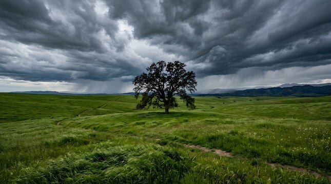 Solitary oak tree stands in green valley under dramatic stormy skies.