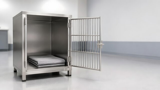 Empty stainless steel metal animal recovery kennel cage with open door with inside sterile clinical folded gray blanket clean stainless professional