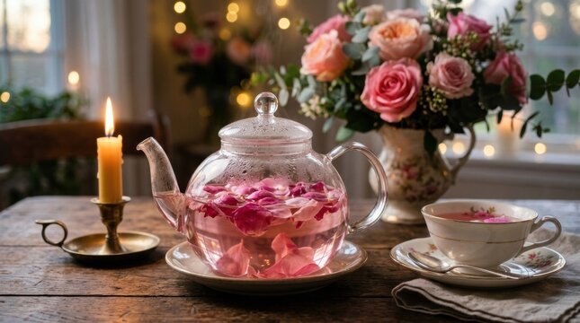 Delicate pink rose petal tea steeping in a clear glass teapot next to an elegant floral teacup, a glowing candle and a fresh rose bouquet, creating a romantic and cozy tea time setting