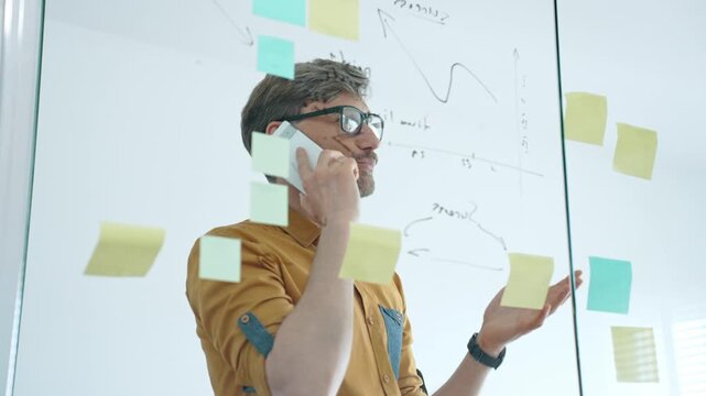 Smiling businessman on a phone call mapping ideas on a glass wall with colorful sticky notes, organizing tasks and brainstorming strategy in a modern office for project planning