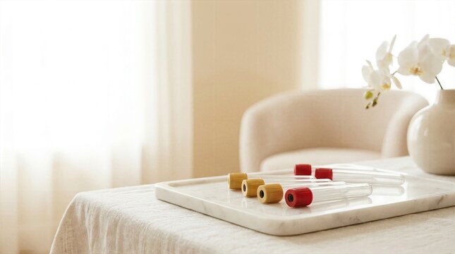 Clean sterile blood collection tubes resting on marble tray in bright minimal clinic setting with orchids.