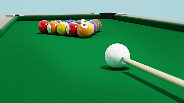 8 ball pool table with balls and cue. 3D illustration