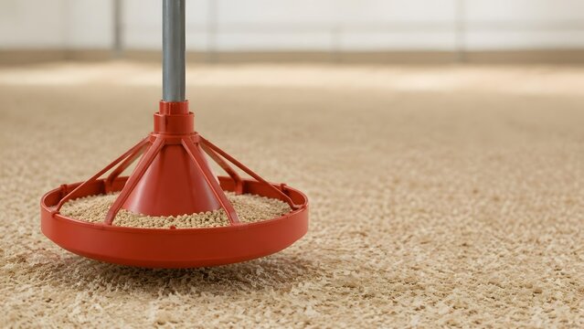 Automated red plastic poultry feeder pan suspended above wood shaving bedding inside modern farm facility with grain pellets suspended covered wood shavings