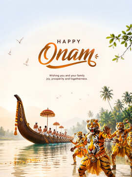 Happy onam celebration poster featuring traditional snake boat race and pulikali tiger dancers in kerala india