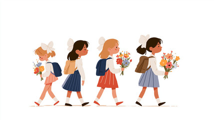 Fototapeta premium Cute Illustrated Schoolgirls with Flower Bouquets and Backpacks