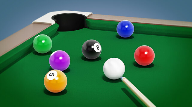8 ball pool table with balls and cue. 3D illustration