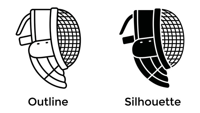 Fencing Mask Outline and Silhouette: A detailed outline and a solid silhouette of a fencing mask, showcasing its protective mesh and shape, perfect for sports and athletic graphics.