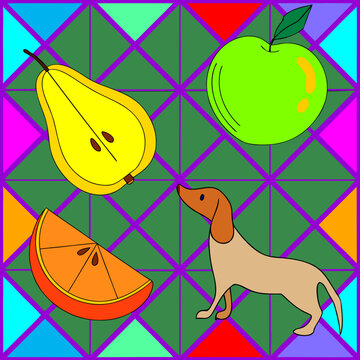 pattern, vector, seamless graphics, rabbit, dog, pear, apple, mandarin, leaves, grass, bushes, lines, intersections, structure, view, seamless pattern, print, wallpaper, textured ornament, symmetry
