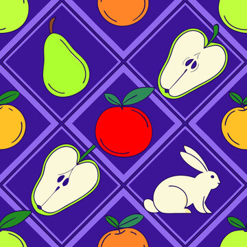 pattern, vector, seamless graphics, rabbit, dog, pear, apple, mandarin, leaves, grass, bushes, lines, intersections, structure, view, seamless pattern, print, wallpaper, textured ornament, symmetry