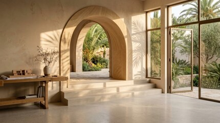 Fototapeta premium Smooth Limestone Archway Studio Stage with Palm Frond Sunlight Shadows