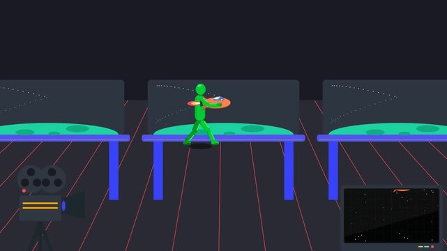 2D animation of a green stickman walking and carrying an orange object in a futuristic virtual studio setting with tables and camera