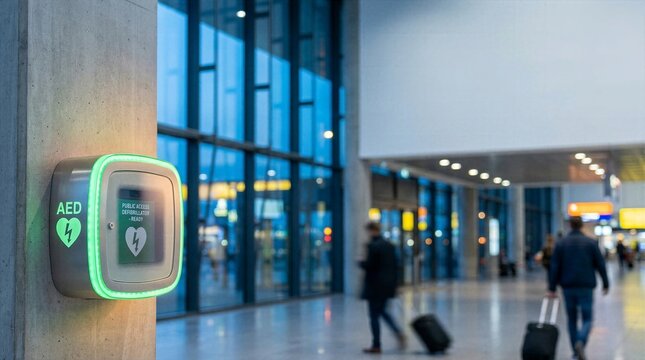 Illuminated green public access defibrillator station mounted on a wall inside a modern airport concourse with passengers walking.