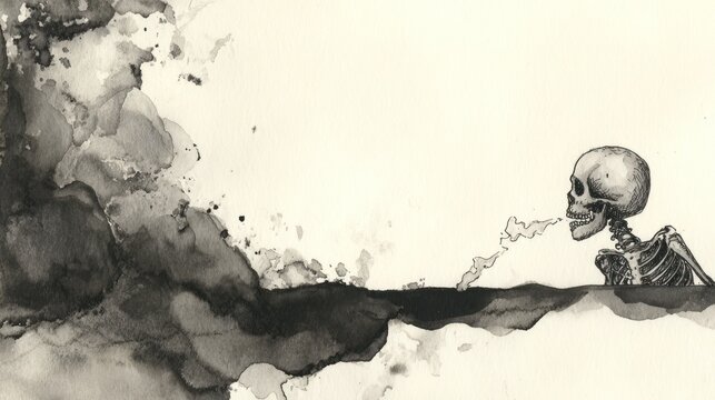 Artistic depiction of a skeleton exhaling smoke against a white backdrop