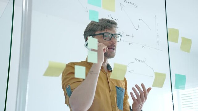 Smiling businessman on a phone call mapping ideas on a glass wall with colorful sticky notes, organizing tasks and brainstorming strategy in a modern office for project planning