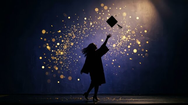 Graduation Celebration Cap Tossing Silhouette with Gold Confetti Bokeh