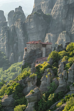 Aerial view of the Monastery of Rousanou at Golden Hour, Meteora, Greece