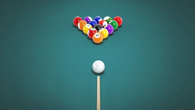 8 ball pool table with balls and cue. 3D illustration