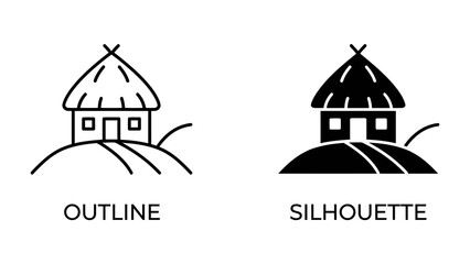 Obraz premium Rural Hut Icon: A simple, rustic hut with a thatched roof and open windows, presented in both outline and silhouette forms, evoking a sense of traditional dwelling and simplicity.