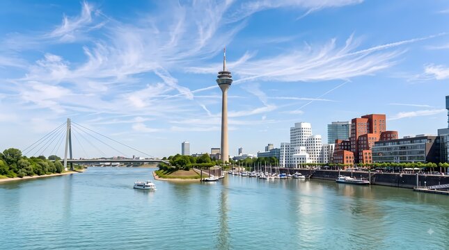 D&uuml;sseldorf Rhine River Cityscape. Modern Waterfront Skyline and River Landscape. German Travel Destination. Scenic Urban Photography