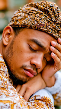 A man with a beard and mustache is sleeping with his head resting on his hand
