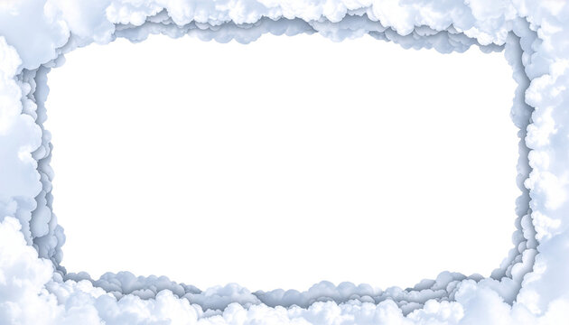 Layered volumetric cloud horizontal frame border with soft drop shadows, wide center hole overlay element with alpha channel transparency for copy space