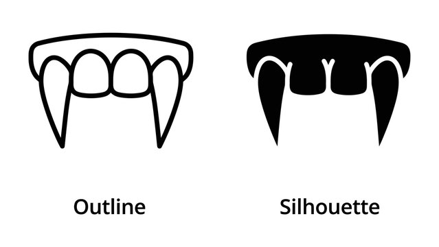 Fangs Outline and Silhouette: Two graphic representations of vampire fangs, one as a clean outline and the other as a solid black silhouette, offering versatile design elements.