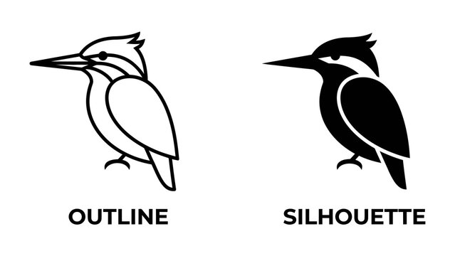 Kingfisher Outline and Silhouette: Two distinct graphic representations of a kingfisher bird, one as a clean outline and the other as a bold silhouette, perfect for design elements.