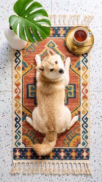 Shiba inu dog splooting on patterned rug top view