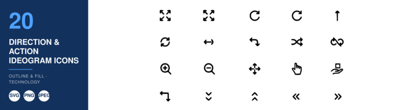 Direction and Action Ideogram Icons Set in Flat Design Style Featuring Icon, Symbol, Navigation with Arrow and Up Elements