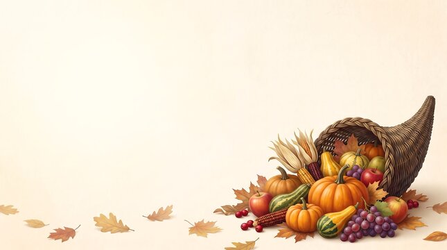 A festive cornucopia filled with seasonal autumn harvest fruits and vegetables for a happy thanksgiving holiday background