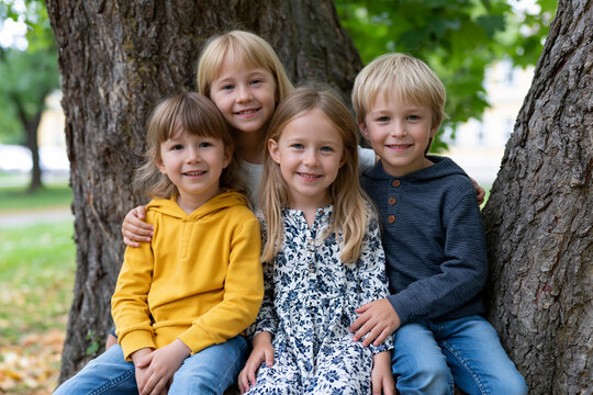 Kids smiling and sitting together under a tree