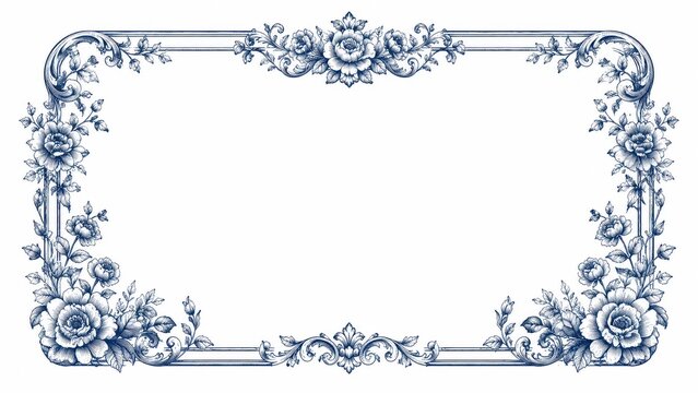 Ornate blue floral vintage frame border on white background