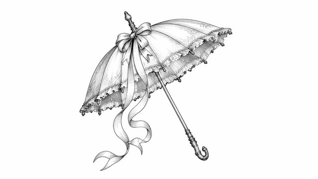 Ornate parasol with ribbon bow in detailed vintage line art