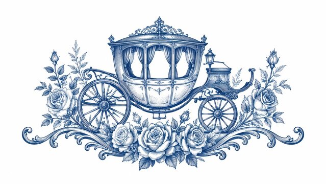 Ornate vintage carriage with floral decoration in blue ink
