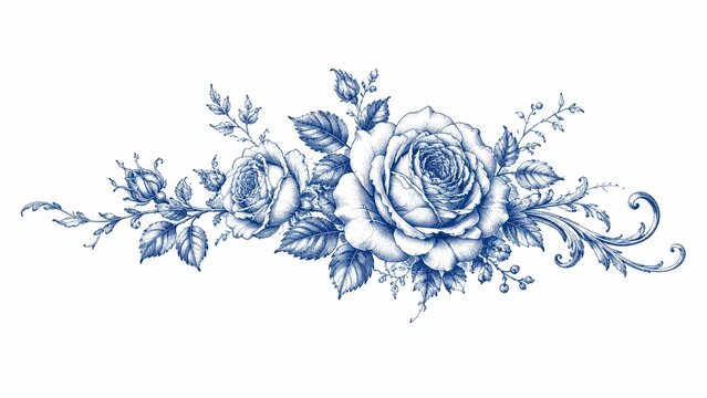 Blue ink rose floral arrangement with ornate leaves and scrolls