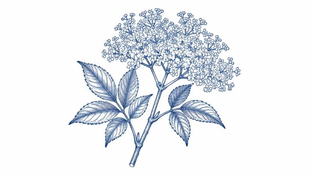 Detailed botanical illustration of a flowering branch with leaves