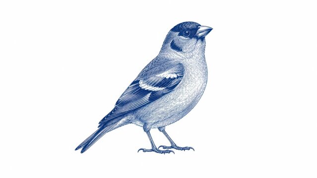 Detailed blue ink illustration of a small songbird on white